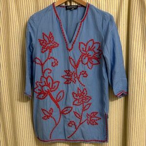 Context Sky Blue Tunic with Scarlet Floral Embroidery